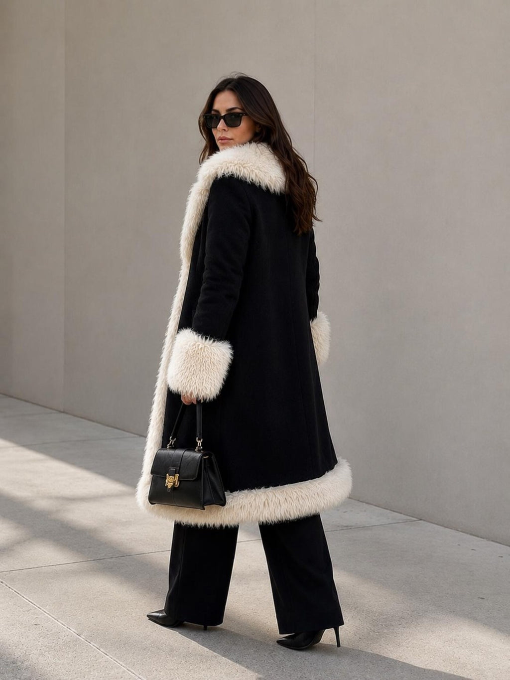 Women’s Black Penny Lane Coat with Cream Fur Trim and Statement Collar