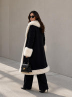 Women’s Black Penny Lane Coat with Cream Fur Trim and Statement Collar