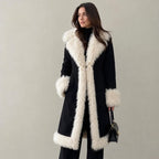 Women’s Black Penny Lane Coat with Cream Fur Trim and Statement Collar