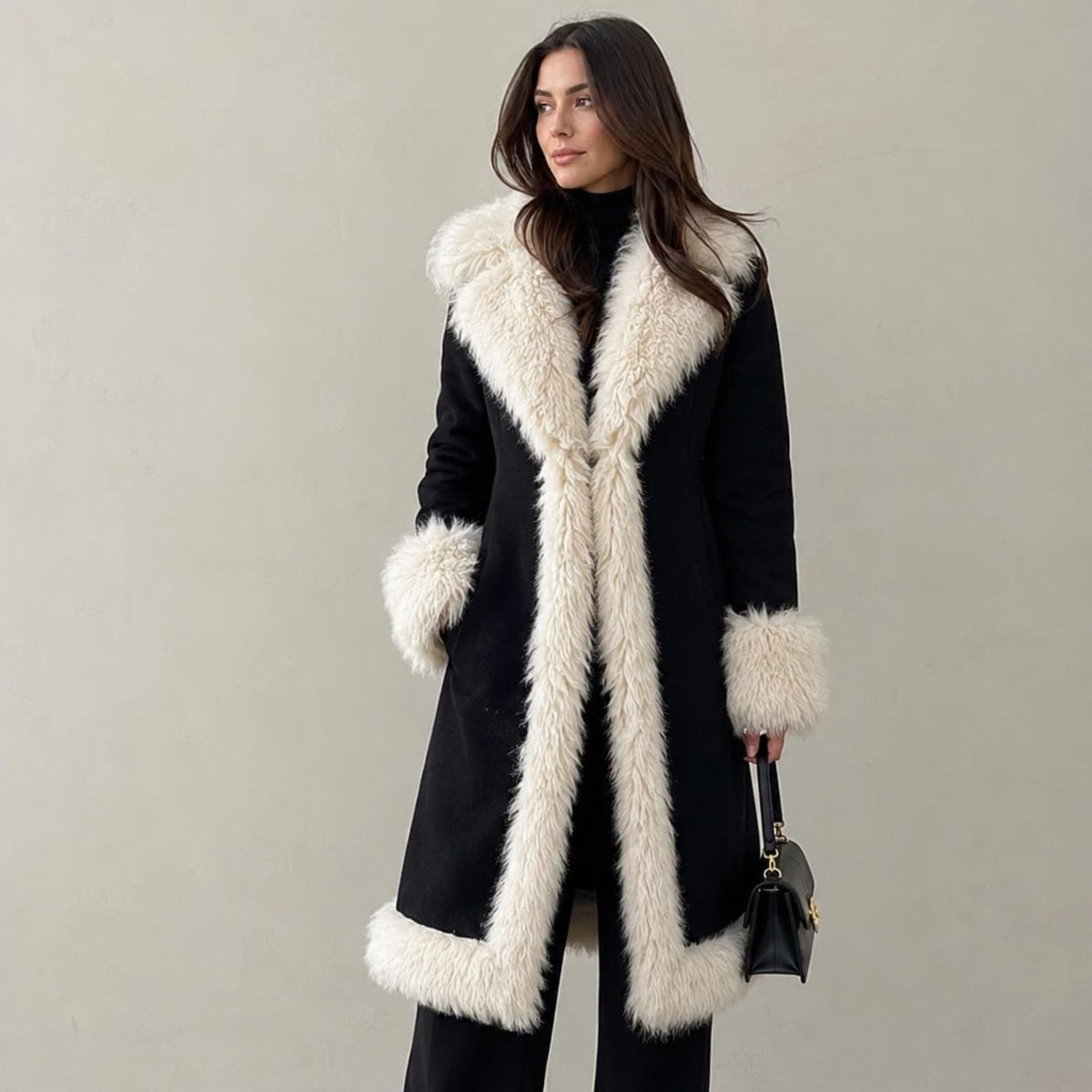 Women’s Black Penny Lane Coat with Cream Fur Trim and Statement Collar