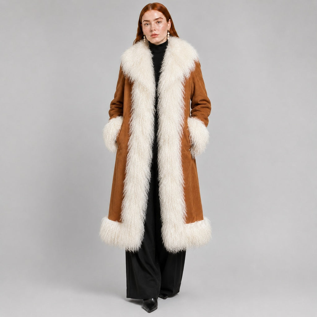 Women Penny Lane Coat with Mongolian Fur Trim