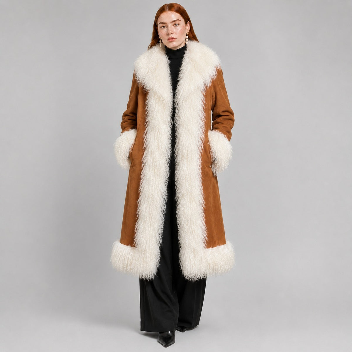 Women Penny Lane Coat with Mongolian Fur Trim