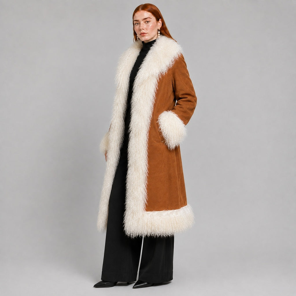 Women Penny Lane Coat with Mongolian Fur Trim