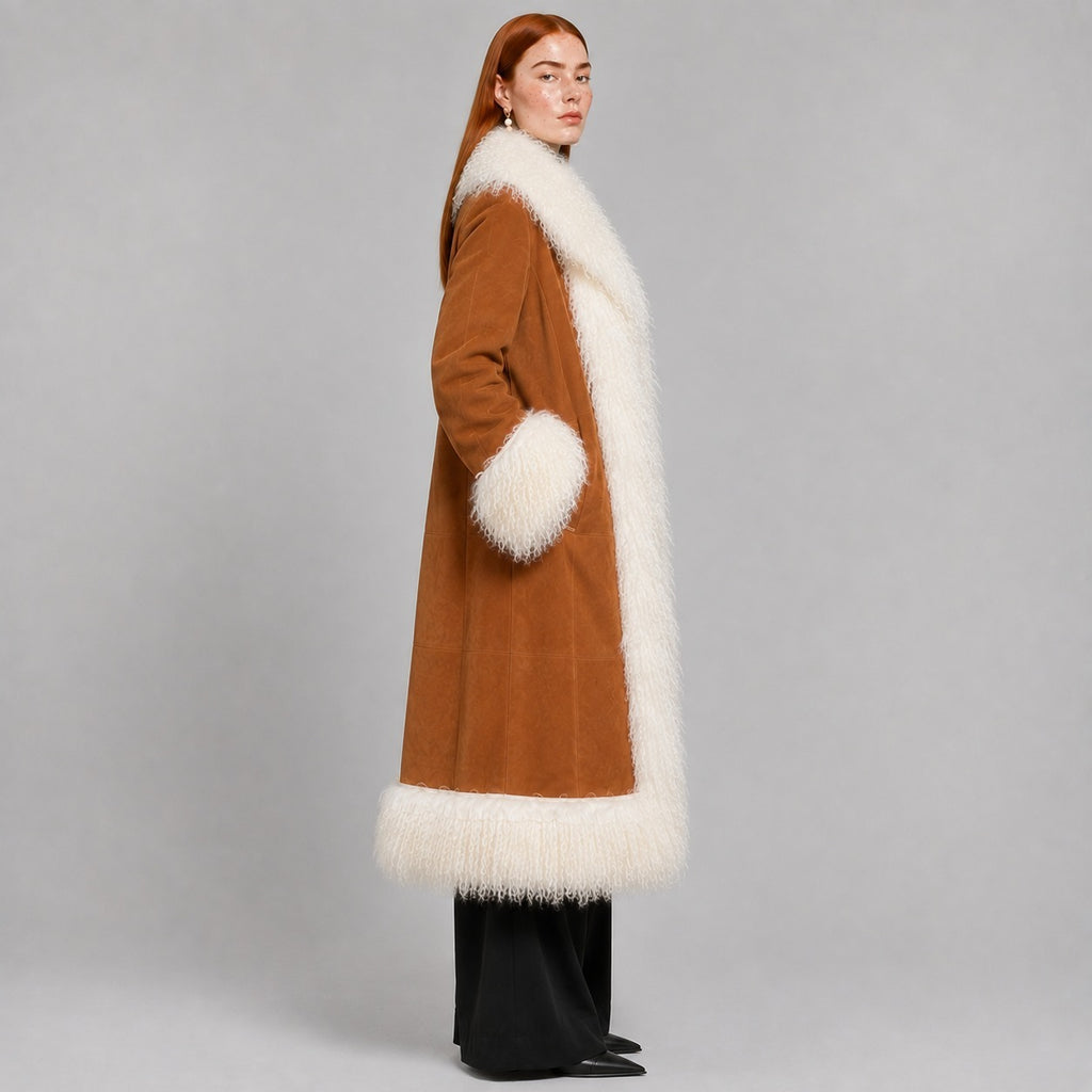 Women Penny Lane Coat with Mongolian Fur Trim