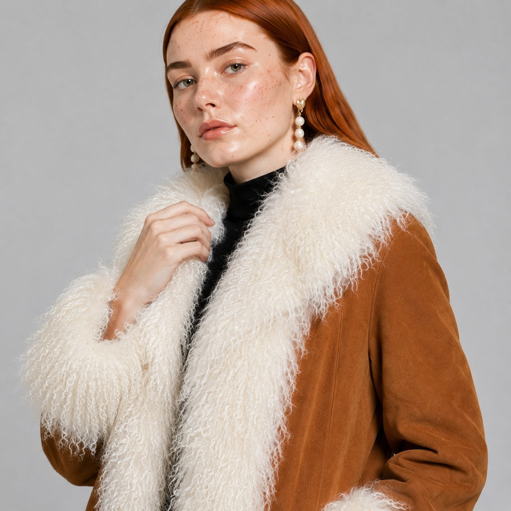 Women Penny Lane Coat with Mongolian Fur Trim
