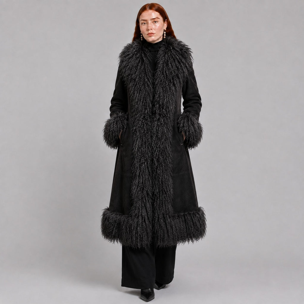 Full-Length Penny Lane Coat with Mongolian Fur Trim
