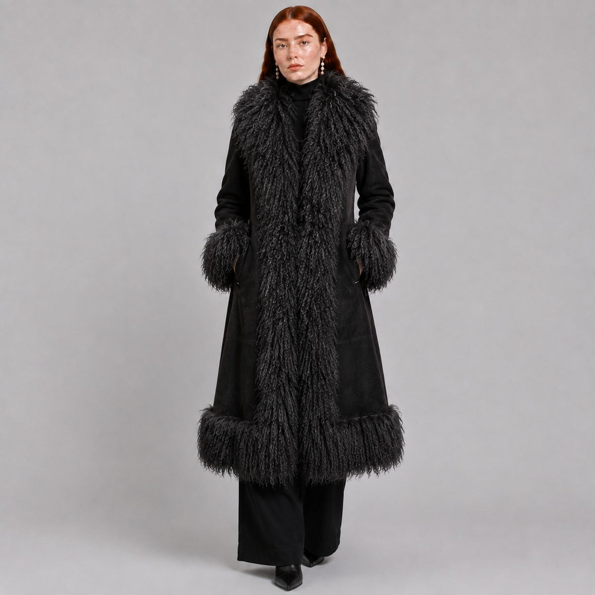Full-Length Penny Lane Coat with Mongolian Fur Trim