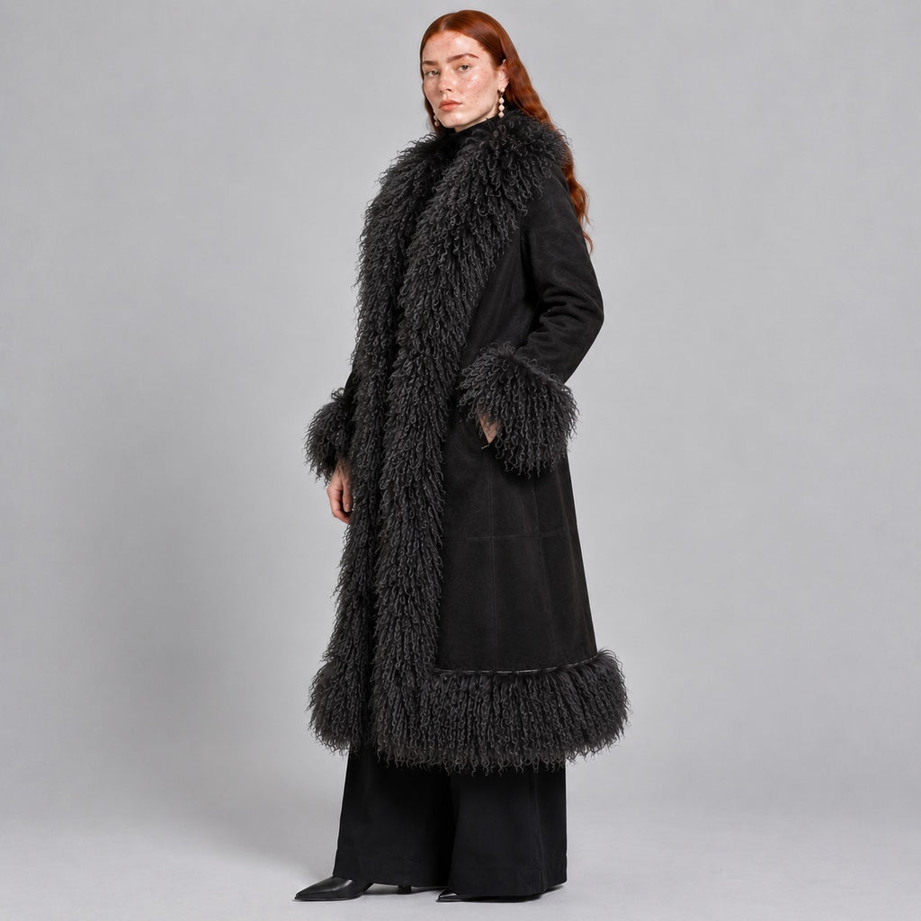 Full-Length Penny Lane Coat with Mongolian Fur Trim
