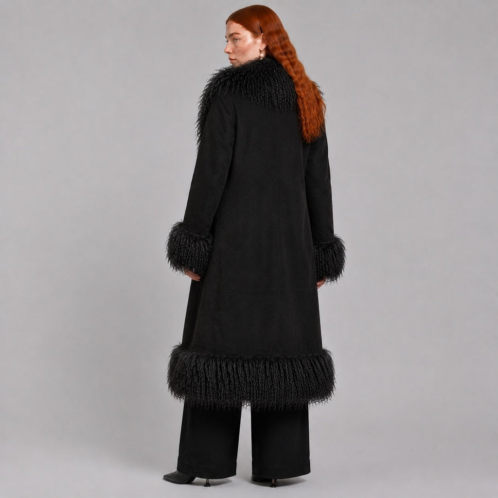 Full-Length Penny Lane Coat with Mongolian Fur Trim