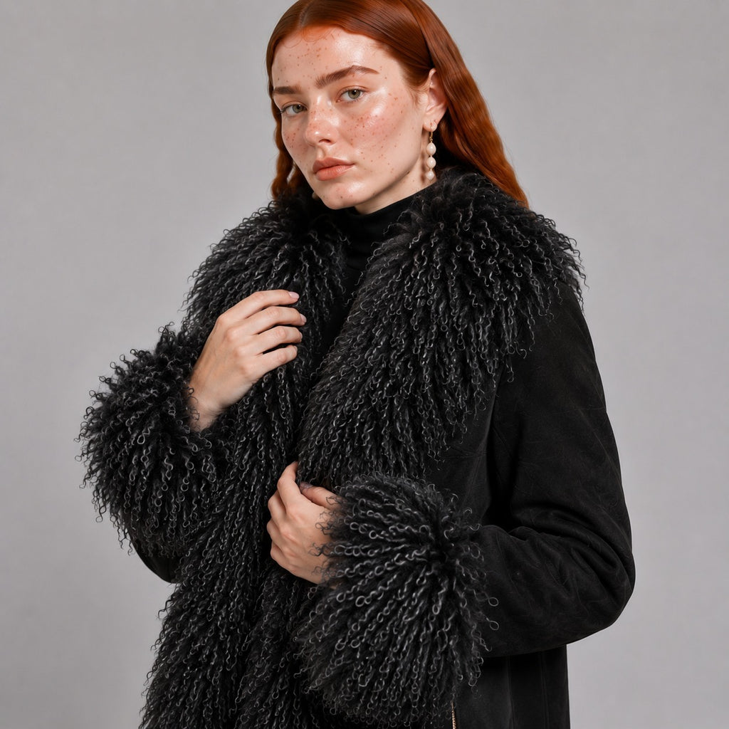 Full-Length Penny Lane Coat with Mongolian Fur Trim