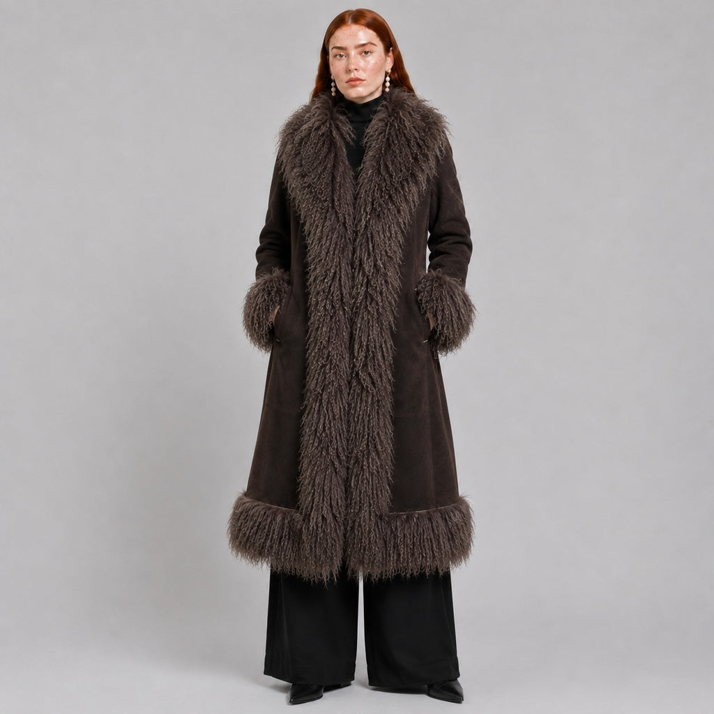 Full-Length Brown Penny Lane Coat with Mongolian Fur Trim