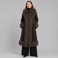 Full-Length Brown Penny Lane Coat with Mongolian Fur Trim