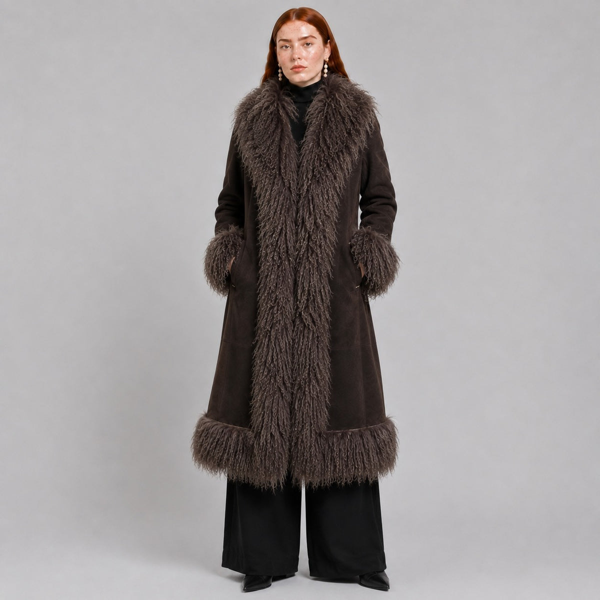 Full-Length Brown Penny Lane Coat with Mongolian Fur Trim