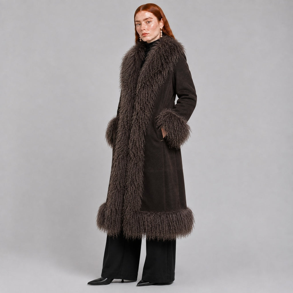 Full-Length Brown Penny Lane Coat with Mongolian Fur Trim