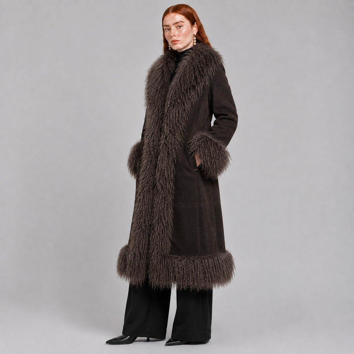 Full-Length Brown Penny Lane Coat with Mongolian Fur Trim