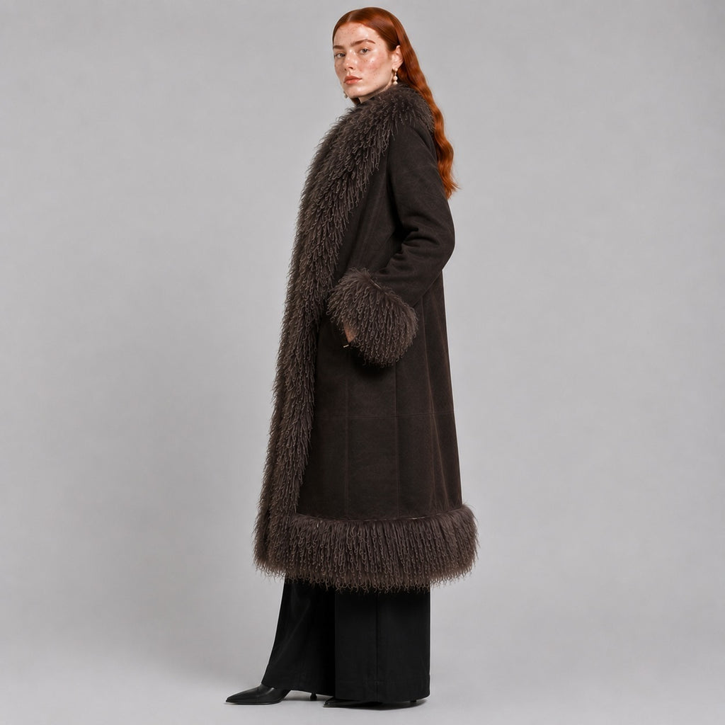 Full-Length Brown Penny Lane Coat with Mongolian Fur Trim