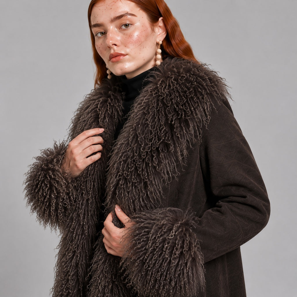 Full-Length Brown Penny Lane Coat with Mongolian Fur Trim