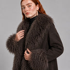 Full-Length Brown Penny Lane Coat with Mongolian Fur Trim