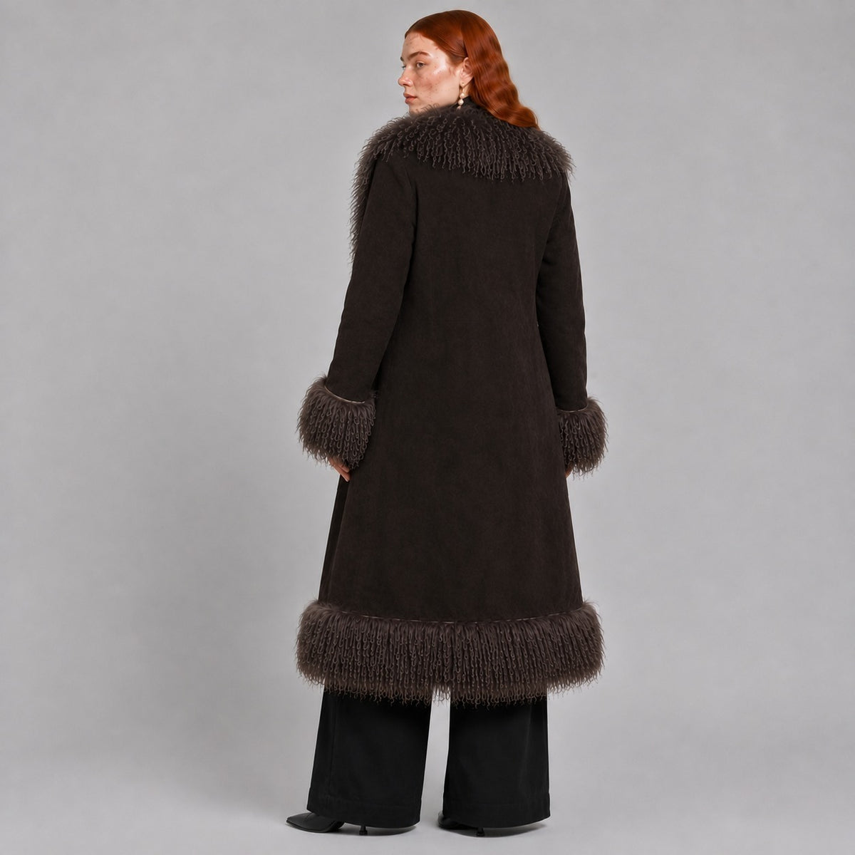 Full-Length Brown Penny Lane Coat with Mongolian Fur Trim