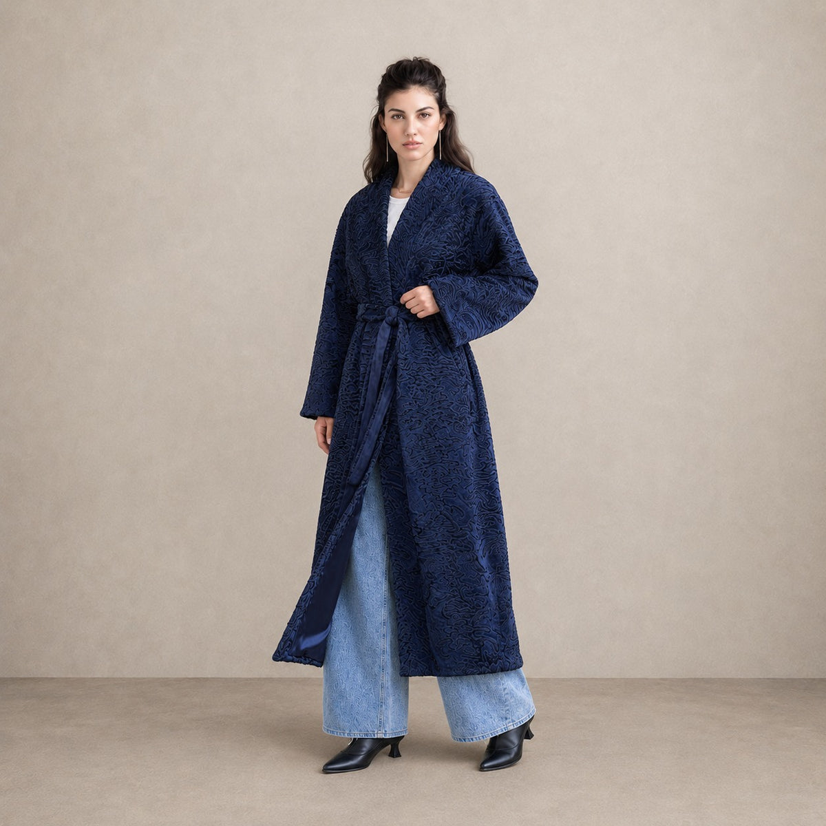 Women's Navy Swakara Fur Wrap Coat