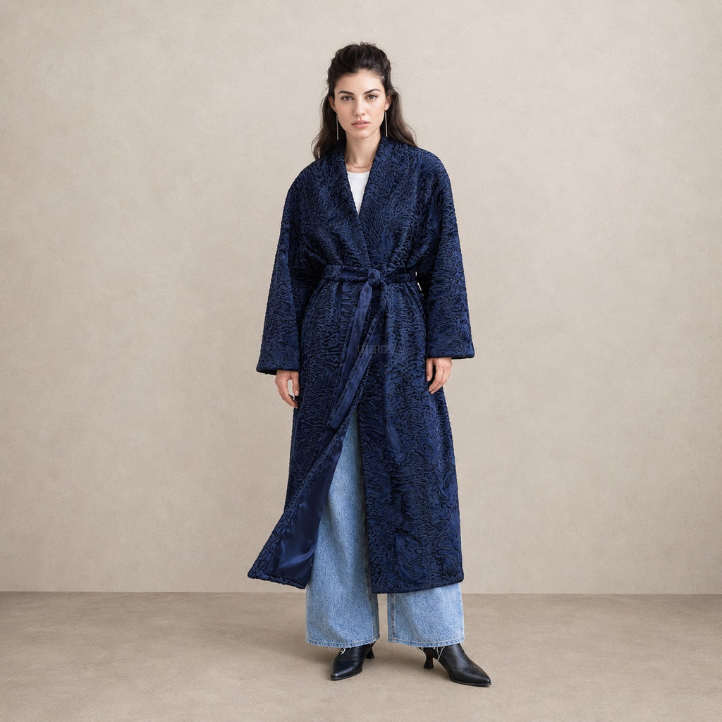 Women's Navy Swakara Fur Wrap Coat
