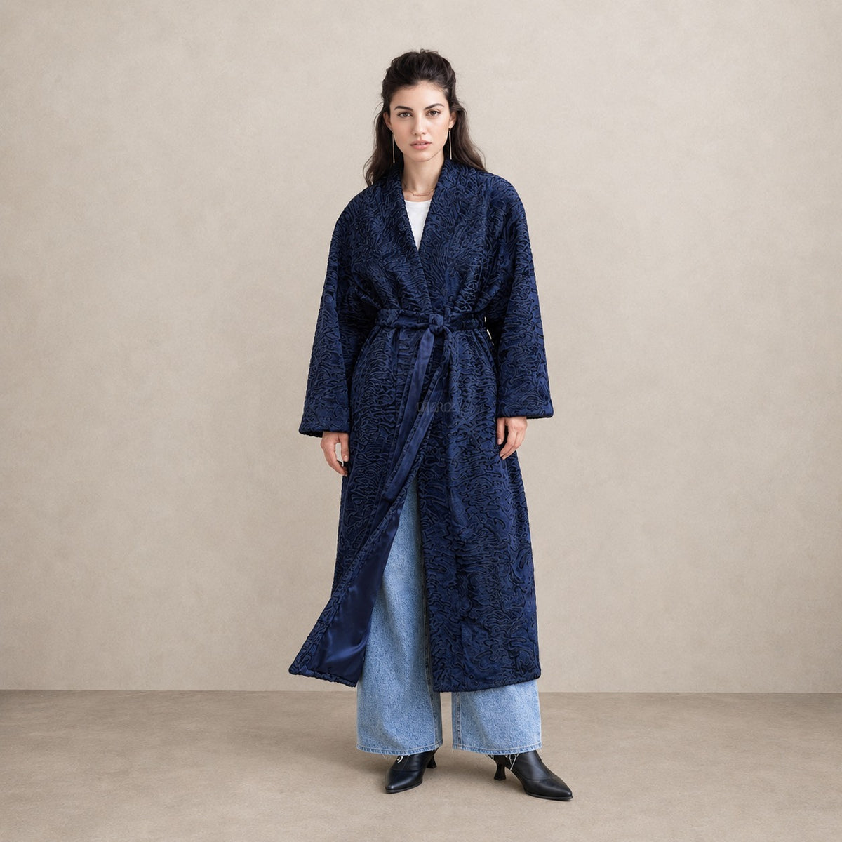 Women's Navy Swakara Fur Wrap Coat