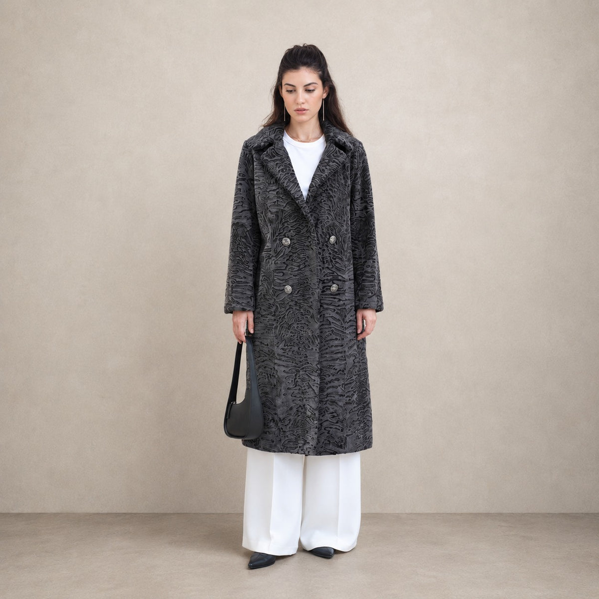 Women's Charcoal Swakara Fur Coat with Double-Breasted Closure