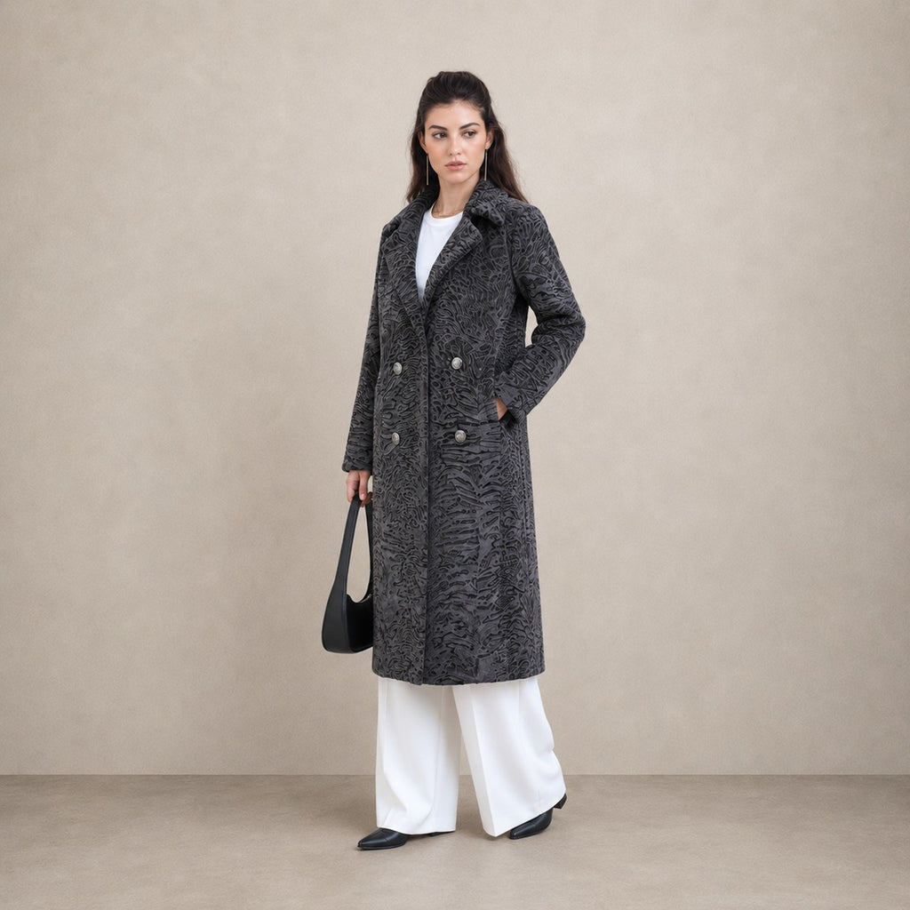 Women's Charcoal Swakara Fur Coat with Double-Breasted Closure