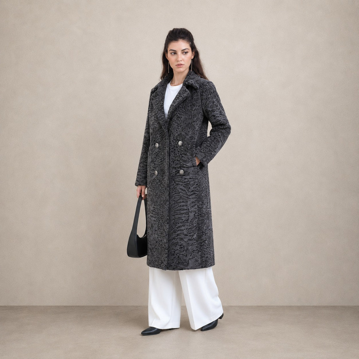 Women's Charcoal Swakara Fur Coat with Double-Breasted Closure