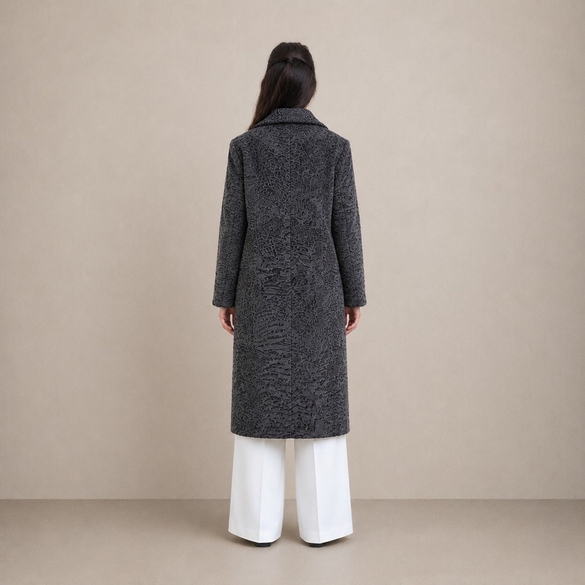 Women's Charcoal Swakara Fur Coat with Double-Breasted Closure