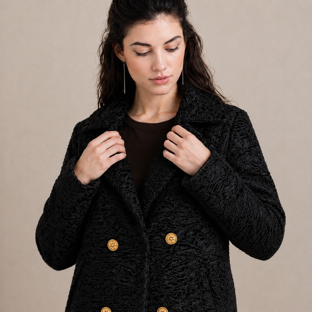 Women's Black Swakara Fur Coat with Gold Buttons