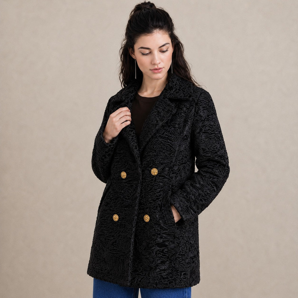 Women's Black Swakara Fur Coat with Gold Buttons