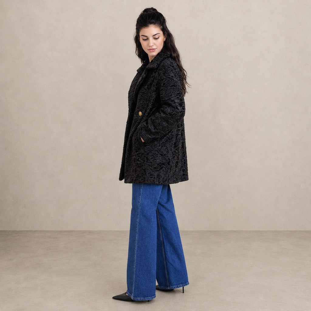 Women's Black Swakara Fur Coat with Gold Buttons