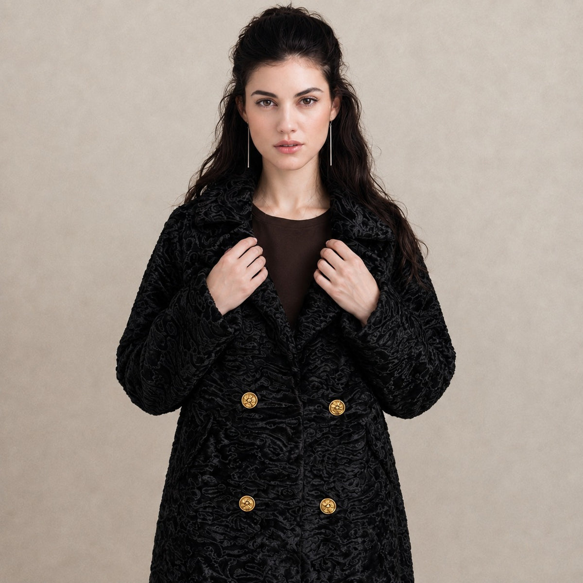 Women's Black Swakara Fur Coat with Gold Buttons