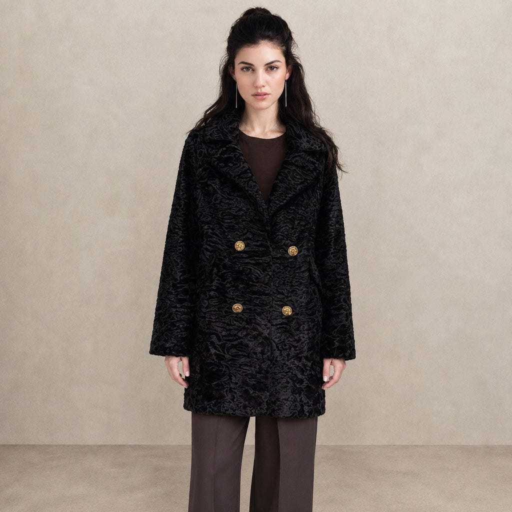 Women's Black Swakara Fur Coat with Gold Buttons