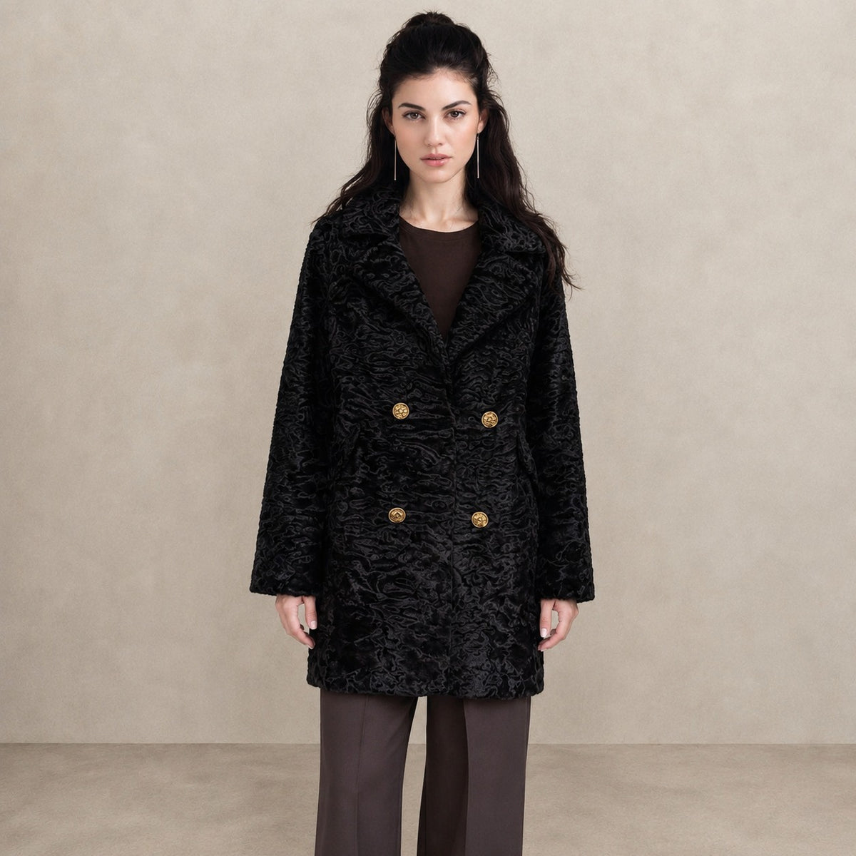 Women's Black Swakara Fur Coat with Gold Buttons