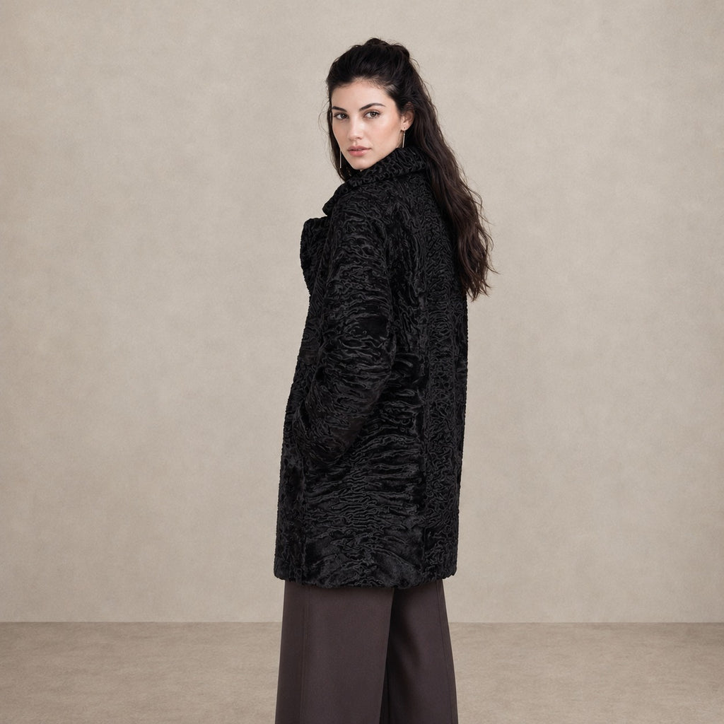 Women's Black Swakara Fur Coat with Gold Buttons