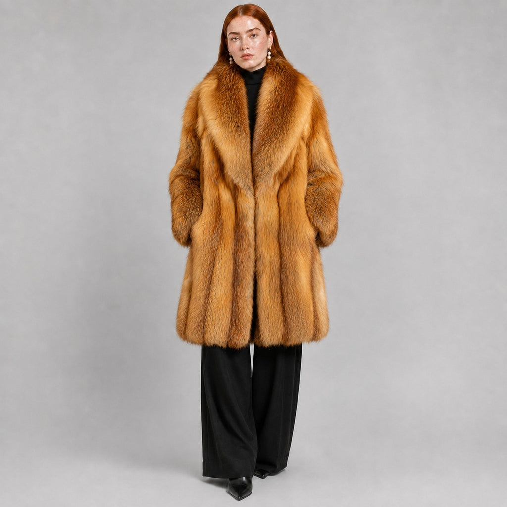 Women's Red Fox Fur Coat with Shawl Collar