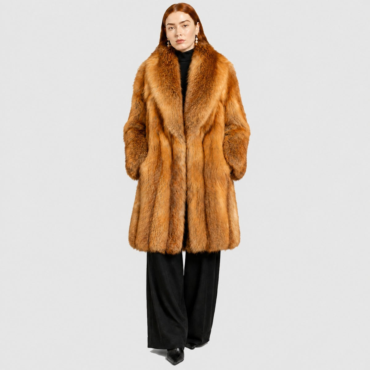 Women's Red Fox Fur Coat with Shawl Collar