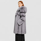 Women's Silver Fox Fur Coat with Hood and Banded Detail