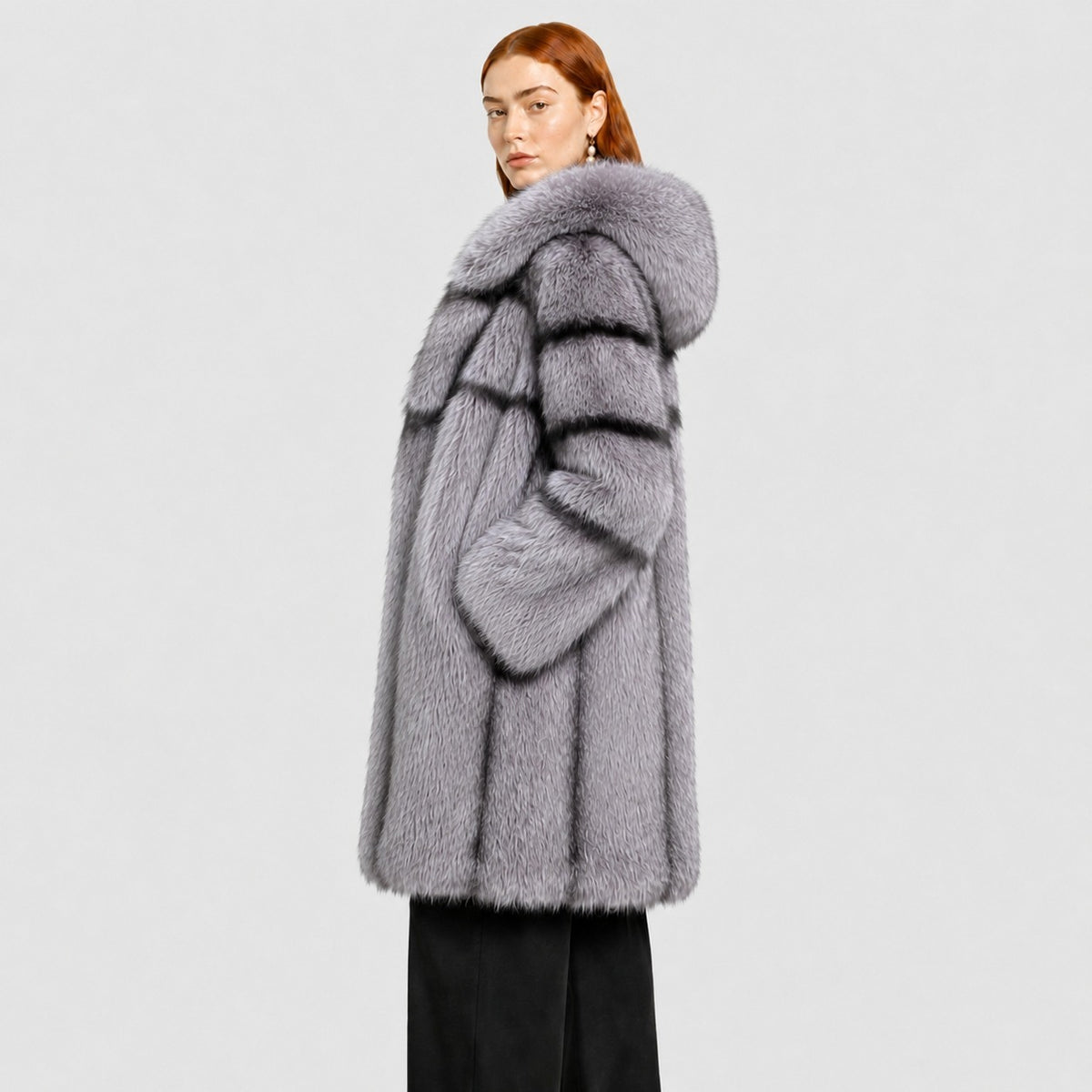 Women's Silver Fox Fur Coat with Hood and Banded Detail