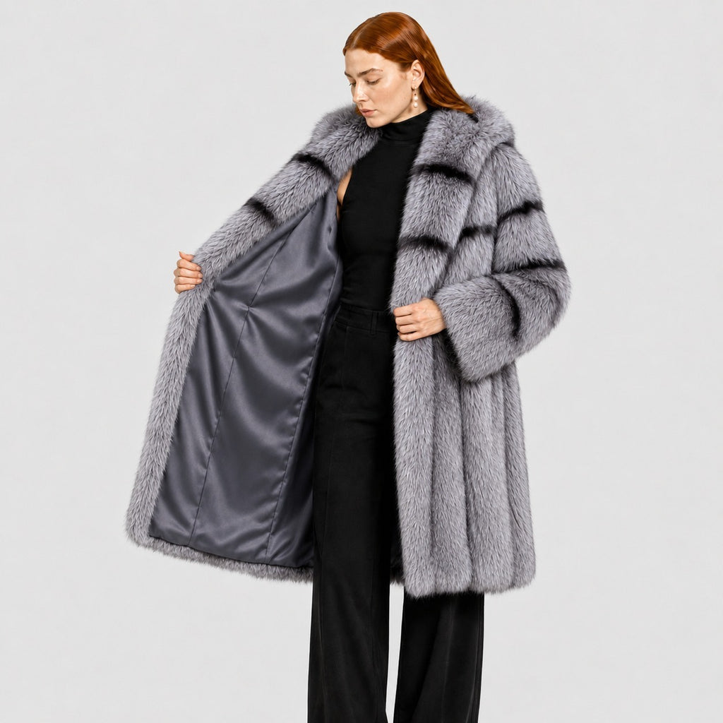 Women's Silver Fox Fur Coat with Hood and Banded Detail
