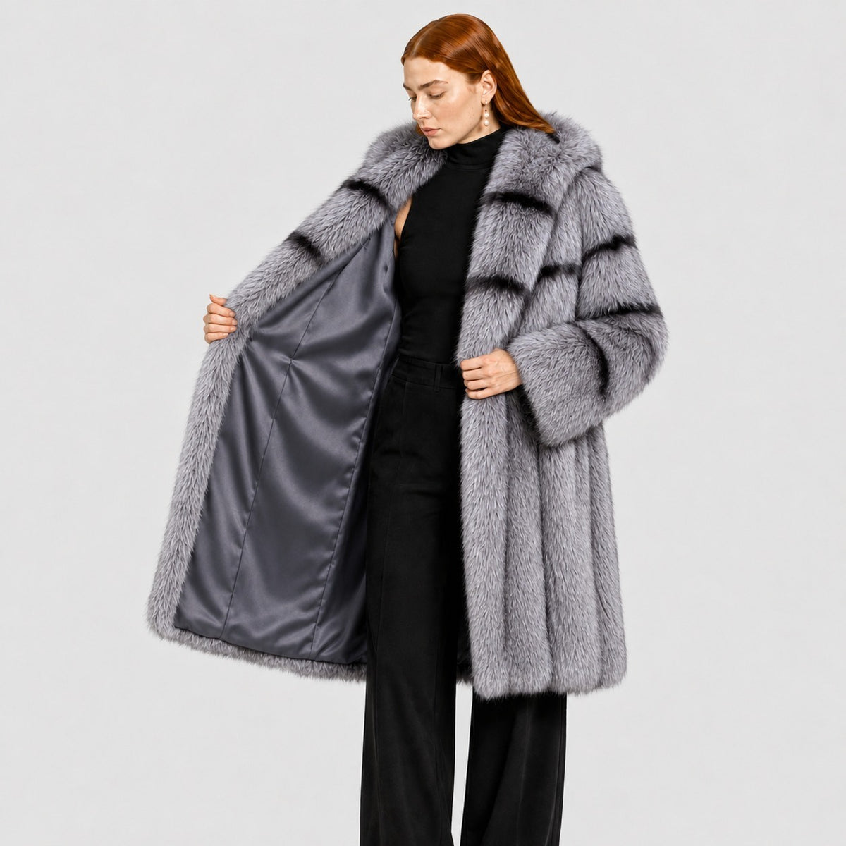 Women's Silver Fox Fur Coat with Hood and Banded Detail