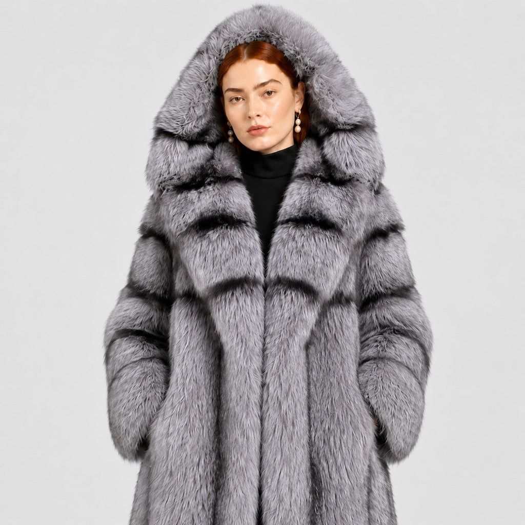 Women's Silver Fox Fur Coat with Hood and Banded Detail
