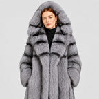 Women's Silver Fox Fur Coat with Hood and Banded Detail