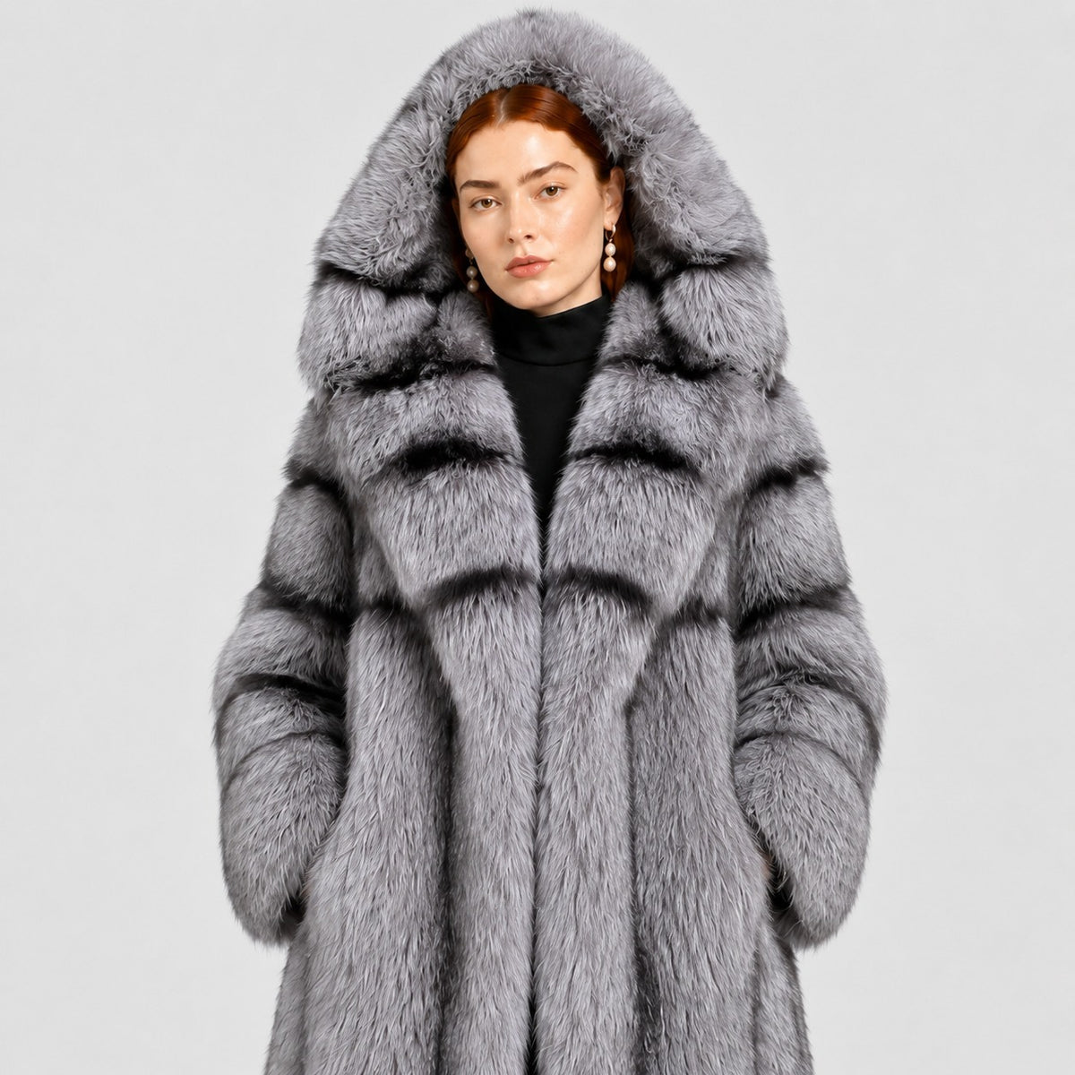 Women's Silver Fox Fur Coat with Hood and Banded Detail