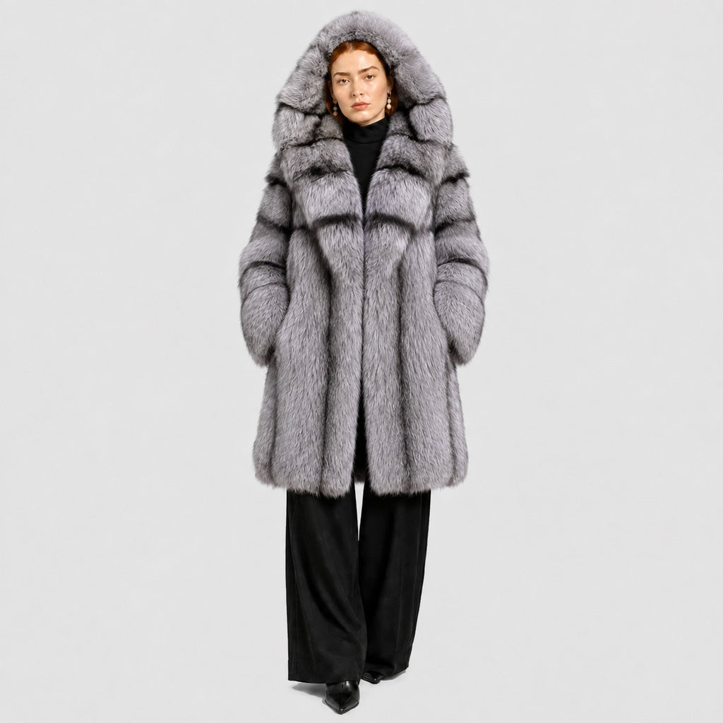 Women's Silver Fox Fur Coat with Hood and Banded Detail