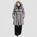 Women's Silver Fox Fur Coat with Hood and Banded Detail