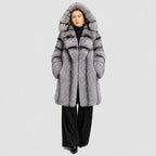 Women's Silver Fox Fur Coat with Hood and Banded Detail