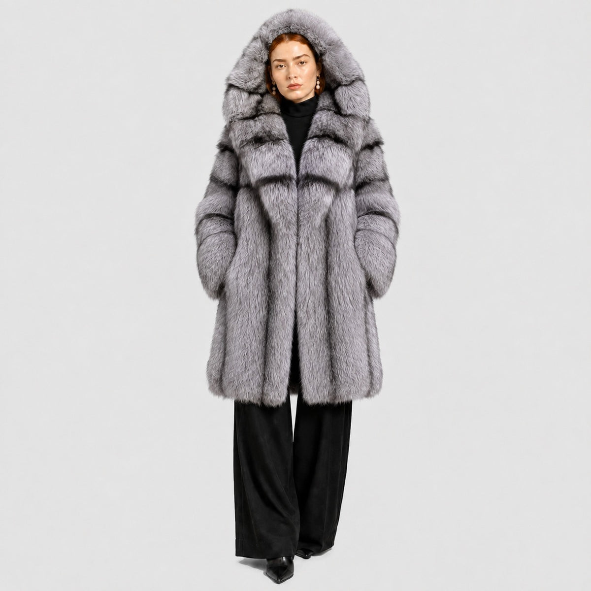 Women's Silver Fox Fur Coat with Hood and Banded Detail